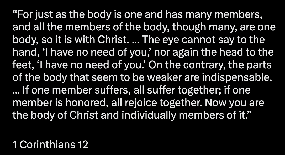 ServantSavio's tweet photo. @MilioooSkum53 @Cindi_2007 @5Solas I address directly Cindi's post. Jesus wants us to help each other. It's not "me and Jesus", it's the chuch, the Body of Christ and Jesus.

The issue of "alive" is the next goal post which jossh11 addressed. https://t.co/iyhqfoSz7p