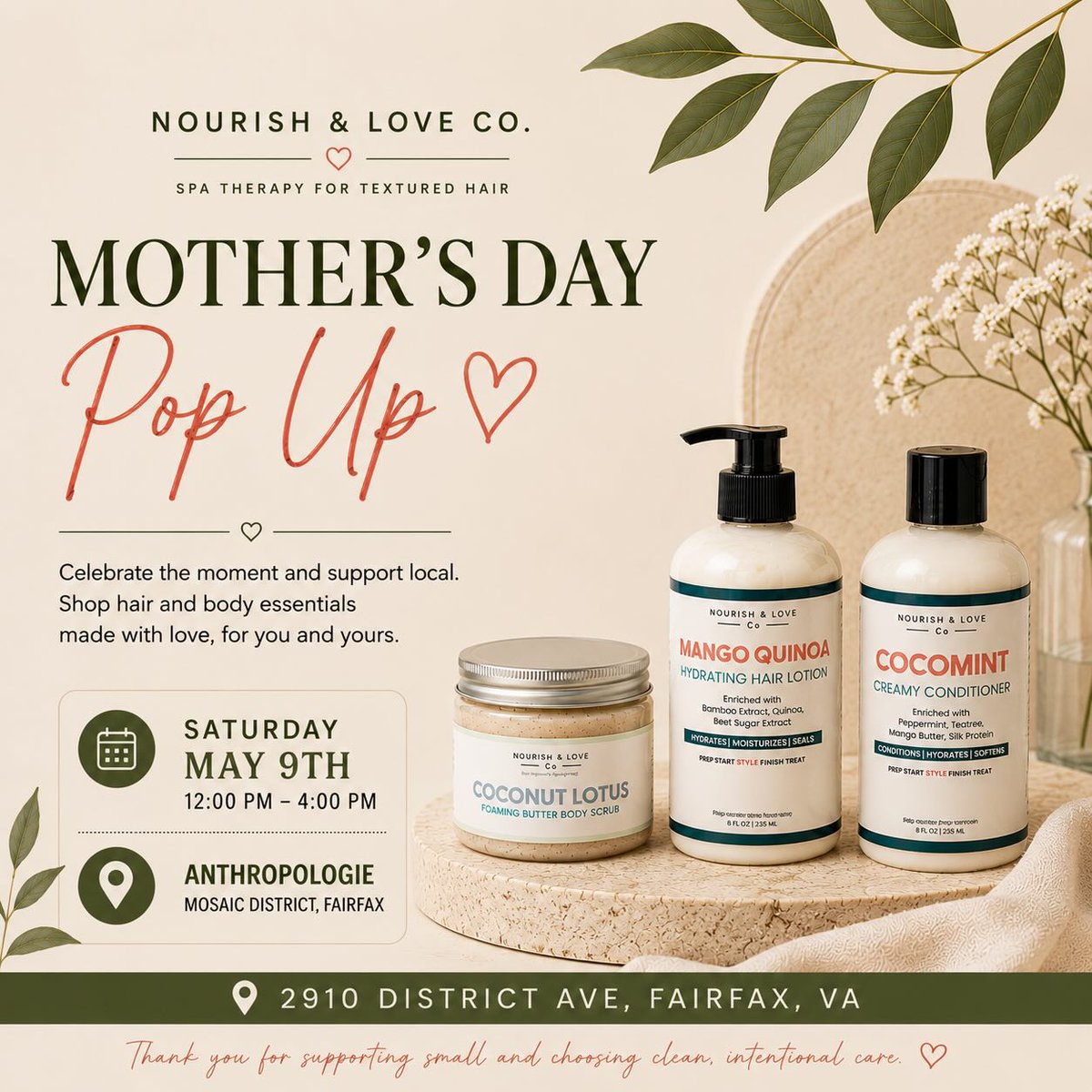 zeta4796's tweet photo. Celebrate Mother’s Day at Anthropologie Mosaic District. Shop Nourish &amp; Love Co. in person and explore scalp-first hair and body care inspired by intentional rituals, botanicals, and self-care. Saturday, May 9, 12–4 PM. https://t.co/qRPYKbudb5
