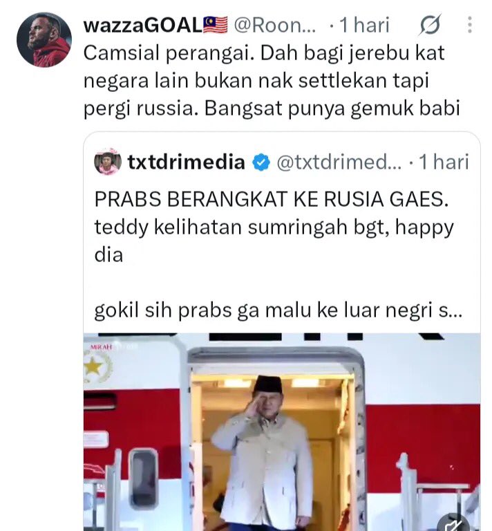 sibambaang's tweet photo. Netizen Malaysia marah kepada Prabowo karena tidak fokus selesaikan masalah kabut asap tetapi memilih pergi ke Rusia.

Netizen Malaysia ini sampai membuat daftar top 3 pimpinan negara terburuk.

1. Netanyahu 
2. Trump 
3. Prabowo https://t.co/TCtGrSUGSJ