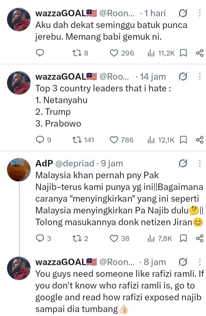 sibambaang's tweet photo. Netizen Malaysia marah kepada Prabowo karena tidak fokus selesaikan masalah kabut asap tetapi memilih pergi ke Rusia.

Netizen Malaysia ini sampai membuat daftar top 3 pimpinan negara terburuk.

1. Netanyahu 
2. Trump 
3. Prabowo https://t.co/TCtGrSUGSJ