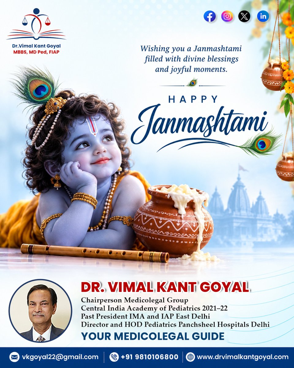 drvimalgoyal's tweet photo. May Lord Krishna’s divine blessings fill your life with love, peace, happiness, and countless joyful moments. 🙏✨

Wishing you and your family a blessed and joyful Krishna Janmashtami! 💙

#HappyJanmashtami #KrishnaJanmashtami #LordKrishna #DrVimalKantGoyal #MedicoLegal https://t.co/DZKwPAZEN1