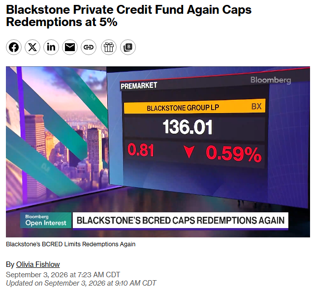 Barchart's tweet photo. BREAKING 🚨: Private Credit

Blackstone just restricted withdrawals from its flagship private credit fund for the 2nd consecutive quarter, allowing investors to pull only half of the 10% requested 🤯 👀 Wealthy investors are racing for the exits!!! https://t.co/9hFhm1b2kd