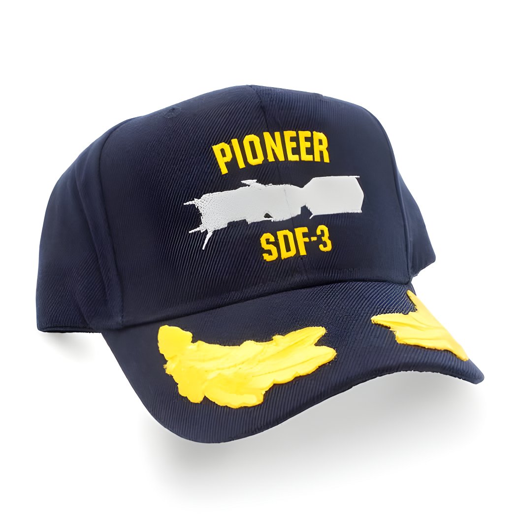 RobotechNews's tweet photo. This military-style #Robotech baseball cap comes in navy blue and features PIONEER SDF-3 embroidered in gold across the front, along with the silhouette of the SDF-3. https://t.co/iluFgwZMh0