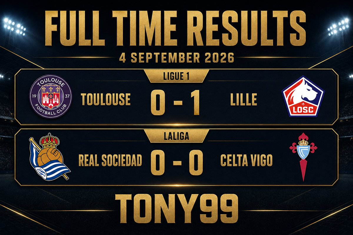 ty99official's tweet photo. 🏁 FULL TIME RESULTS!
Lille secure a narrow away victory, while Real Sociedad and Celta Vigo share the points after a goalless draw. ⚽
🇫🇷 Toulouse 0–1 Lille
🇪🇸 Real Sociedad 0–0 Celta Vigo
Which result stood out to you? 👀
#Ligue1 #LaLiga #ToulouseFC #LOSC #RealSociedad  #TONY99 https://t.co/iNmKcCPyUa