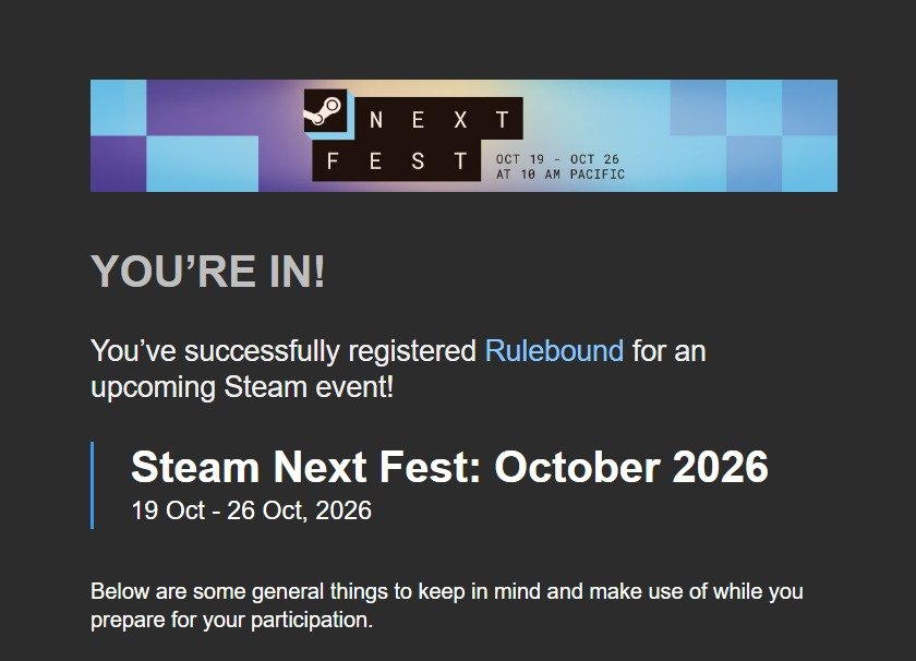 fricodev's tweet photo. "Delay the game!" they said. "It'll be better!" they said.

Well... you won. We delayed it, and now Rulebound is joining Steam Next Fest! https://t.co/cHusGQzSBT