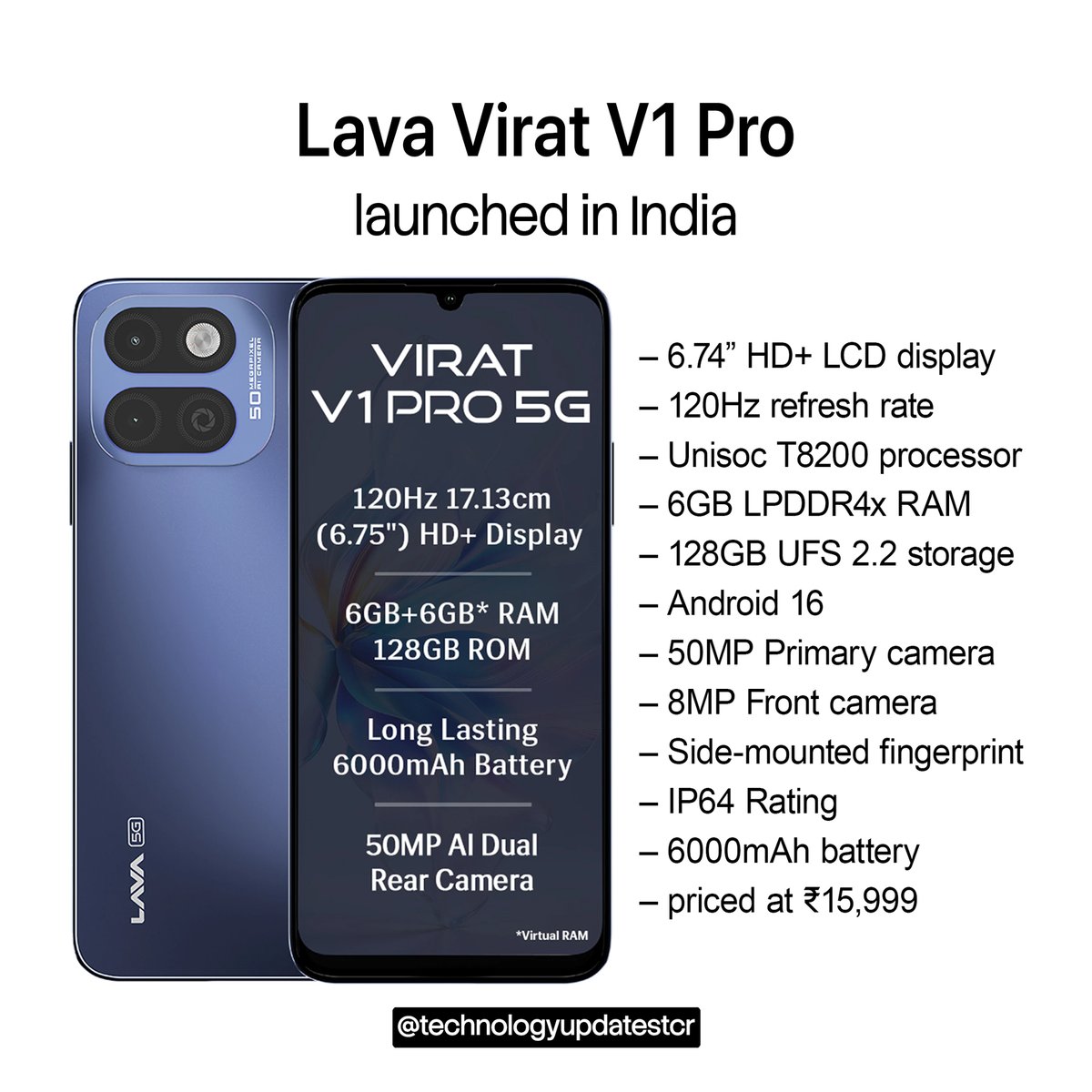 Zitlahg's tweet photo. Lava Virat V1 Pro 5G: Made in India with a 6. 74-inch HD+ 120Hz display, Unisoc T8200, 50MP camera, 2K video recording, and 6, 000mAh battery. Is Lava’s latest 5G phone a strong contender? https://t.co/w7NkIXuVrw