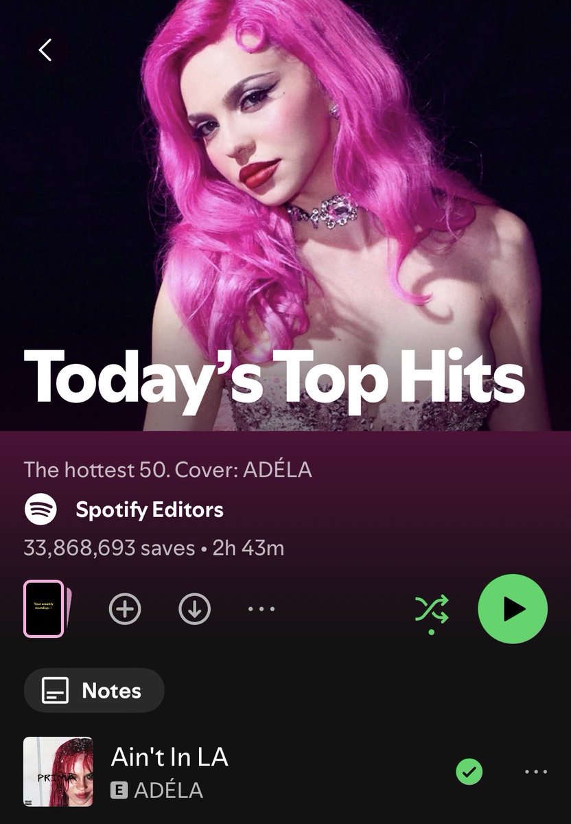 AdelaAccess's tweet photo. ADÉLA looks dazzling on the cover of Spotify’s biggest playlist “Today’s Top Hits”

— “Ain’t In LA” is #1 on the playlist. https://t.co/RYjnREiflS