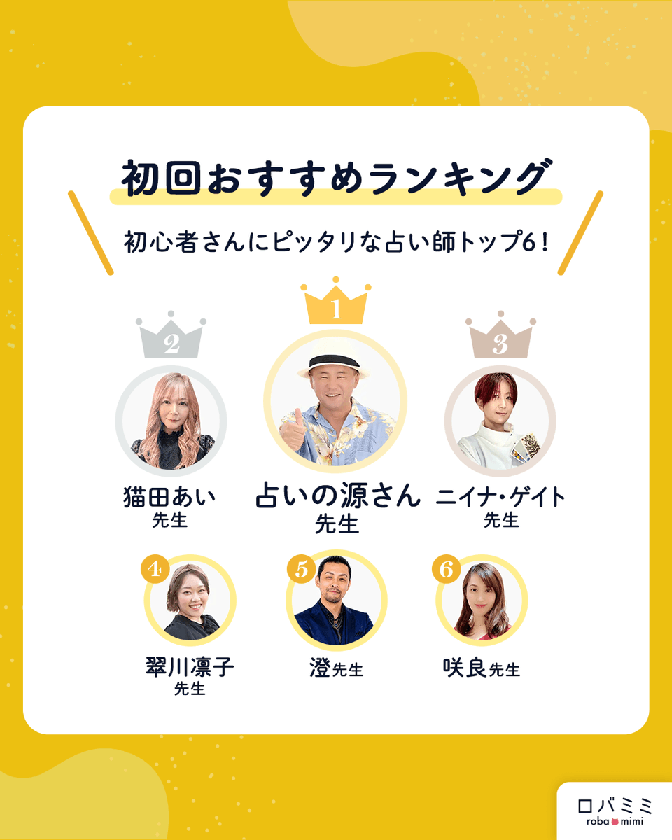 roba3uranai's tweet photo. 🔰初回おすすめランキング🔰
  
第1位 占いの源さん先生 @chanceparade
第2位 猫田あい先生 @NecotaAi
第3位 ニイナ・ゲイト先生 @nina_gate
第4位 翠川凛子先生 @midorikawa_ri
第5位 澄先生 @sumu6833
第6位 咲良先生 @sakurakantei

https://t.co/28Le779QqH

#占い #電話占い #恋愛 #復縁 #結婚 https://t.co/lMpleSdjrB