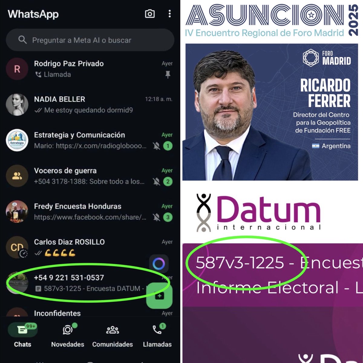 ElmerAyala_PE's tweet photo. El estratega en seguridad argentino Ricardo Ferrer Picado, funcionario del gabinete de Milei, del círculo íntimo de Patricia Bullrich y de relación estrecha y activa con el Foro de Madrid, le envío a Cerimedo la encuesta de Datum para la alcaldía de Lima Metropolitana. https://t.co/S2dsERD9hE