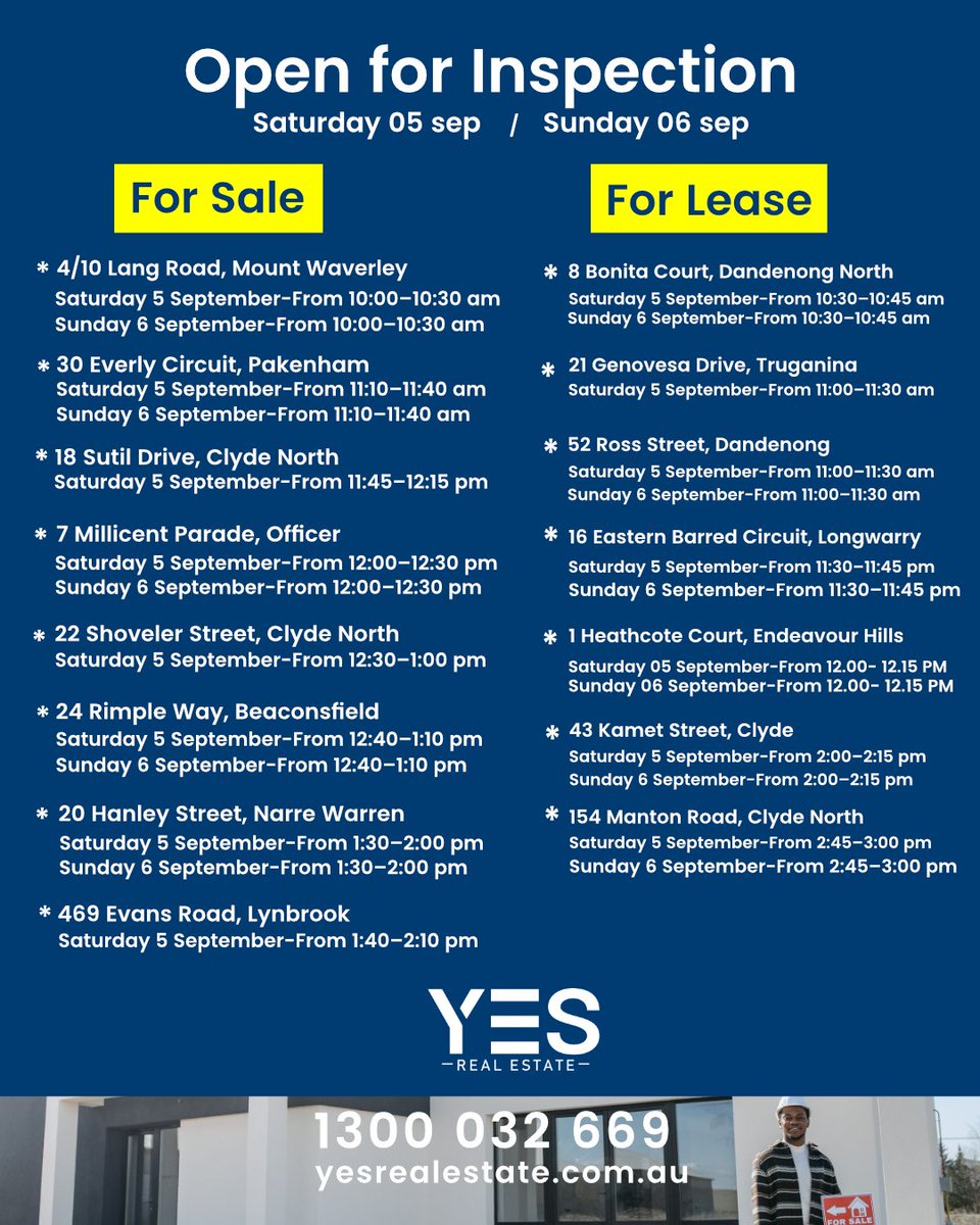 samweerawarna's tweet photo. ➡️ 𝗬𝗘𝗦 Open for inspections this weekend, look forward to seeing you there!🏡

☎️ 𝗬𝗘𝗦 𝗥𝗲𝗮𝗹 𝗘𝘀𝘁𝗮𝘁𝗲 | 1300 032 669
🌐 https://t.co/7Flh9Z8yEg

#YesRealEstateAustralia #propertyinspection #inspections #forsale #forrent #forlease #houseforsale #realestate #melbourne https://t.co/etYSqUMn1a