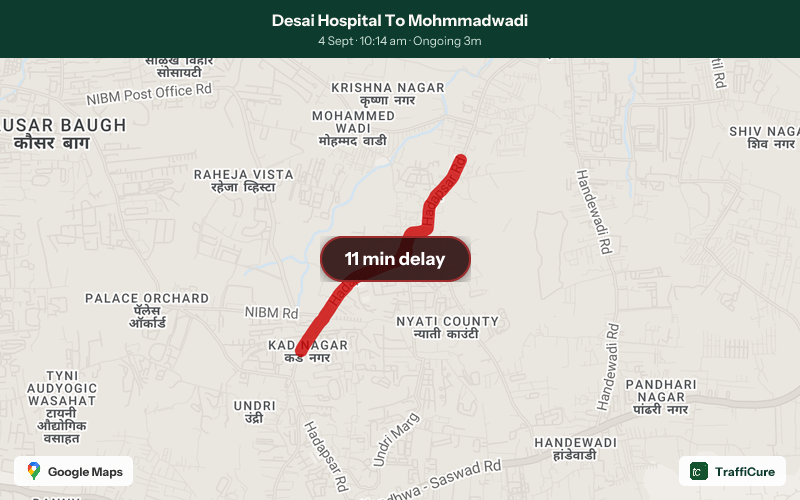 trafficure's tweet photo. Congestion alert: Desai Hospital To Mohmmadwadi
11-minute delay
63% slower than usual
Current speed: 6 km/h
Ongoing for 3 min and counting
@PuneCityTraffic @PuneCityPolice have been notified. #PuneTraffic #TrafficAlert #PuneMonsoon #MorningCommute https://t.co/XmqNYeh2u2