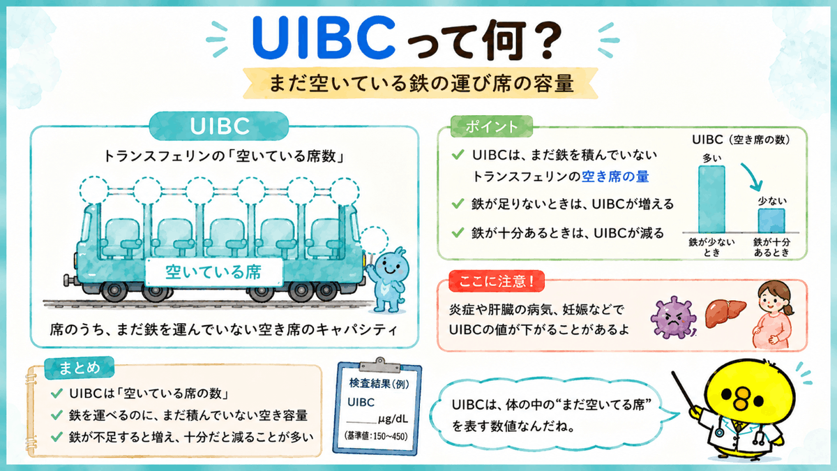 kensa_pisuke's tweet photo. 【ちょっと難しい鉄の検査のTIBCとUIBC】

鉄の検査項目でTIBCとUIBCというのを見たことがある人はいるかな？
名前だけだとちょっと難しいよね。

でもこれは鉄を運ぶトランスフェリンに
「鉄が座れる席」があると考えると分かりやすいよ。

TIBCは、鉄を結合できる全体の席。
UIBCは、その中でまだ鉄が座っていない空席なんだ。

だから基本的には、

TIBC ≒ Fe ＋ UIBC

という関係になるよ。

鉄欠乏では鉄が少なくなるから、
空席にあたるUIBCや全体の容量を表すTIBCが高くなる傾向があるんだ。