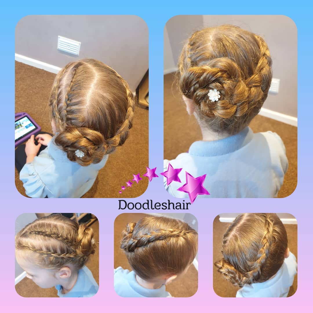 PennieCoonse's tweet photo. Day 2 of back-to-school hair: a braided flower on one side, with two smaller braids joining the larger braid on the other. Always inspired by the creative styles shared by people I follow. https://t.co/saq3emDgwS