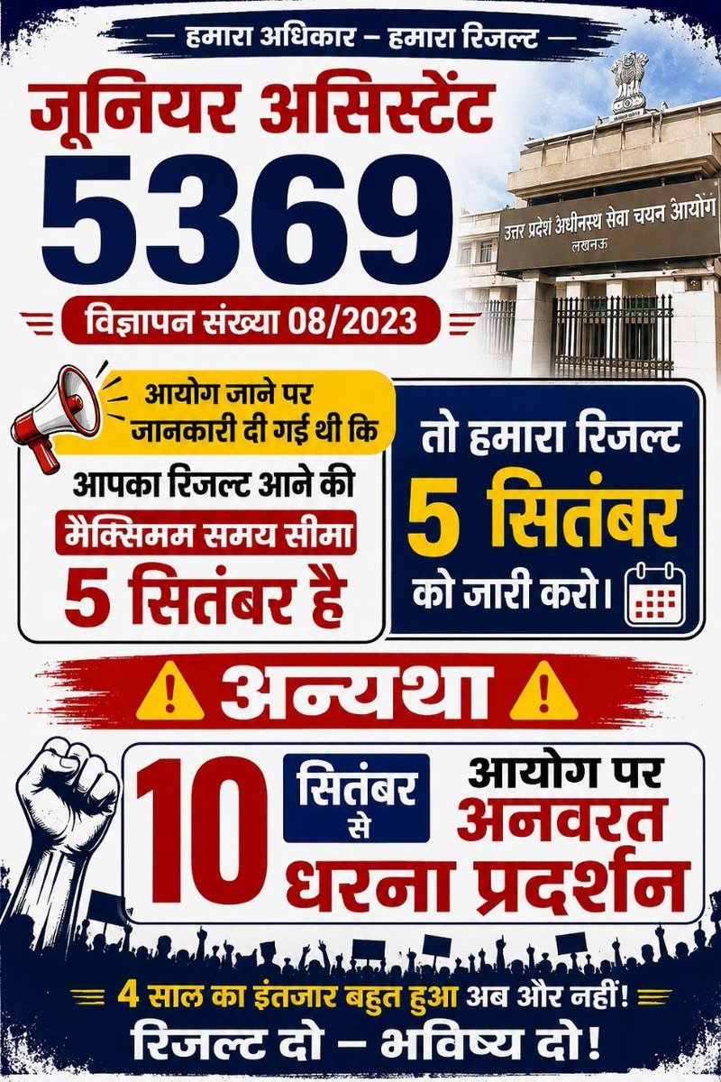 rajkishory7dxf's tweet photo. सभी सम्मानित बंधुओं से आग्रह है कि हमारी आवाज़ बनें हमारा UPSSSC JA 5512 का 10 सितंबर से अनिश्चितकालीन धरना।
@ChiefSecyUP
@UPTakOfficial
@AmarUjalaNews
@bharatsamachar
@TheLallantop
@DainikBhaskar
@sn_sabat
@the_hindu @CJP_for_India @RajatpandeyJF 
#UPSSSC_JA_5512_RESULT https://t.co/u4vOGE41h9