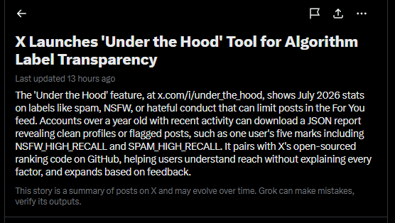 0XENTIAL's tweet photo. Under the Hood shows what internal X labels are applied to your account/posts and whether they may be limiting your reach or recommendations. 

Perfect time to launch DIH paired to HIMS https://t.co/uddQ2PiYZ8