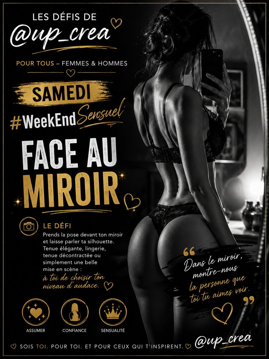 up_crea's tweet photo. 🪞🔥 #WeekEndSensuel — FACE AU MIROIR
Aujourd’hui, le miroir devient ton terrain de jeu… ✨
Une pose, une silhouette, une touche d’audace : montre-nous ta version de toi que tu aimes voir. ❤️
À vous de jouer! 😊
@nofacemodele https://t.co/KOaFikYbPr