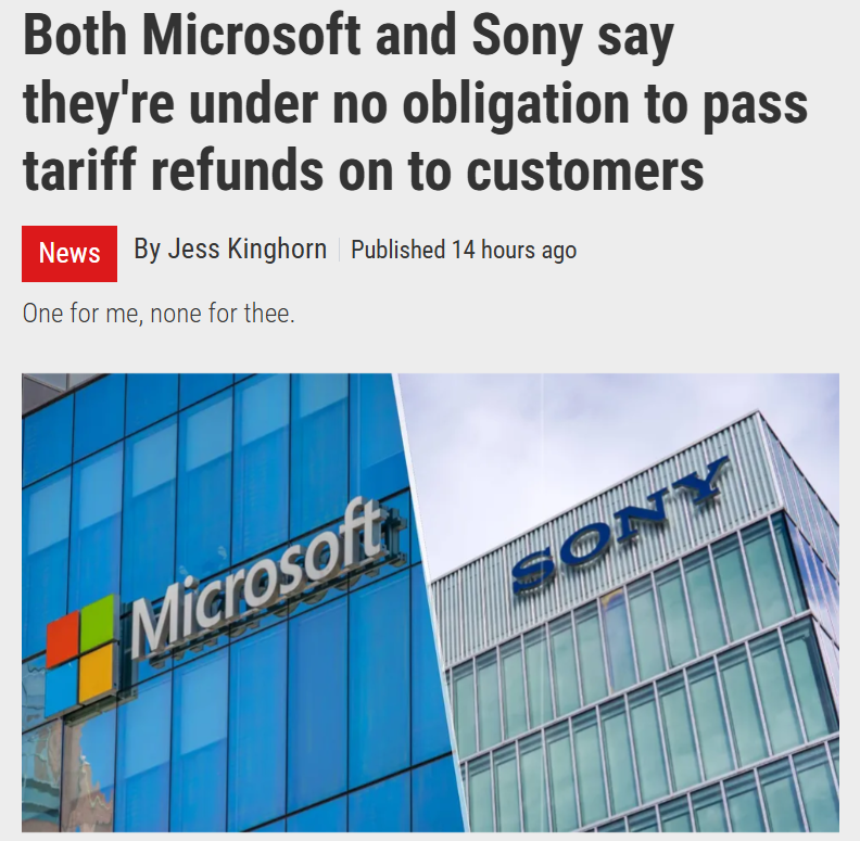8biteric's tweet photo. SO WHEN PRICES GO UP, WE PAY MORE… BUT WHEN THE MONEY COMES BACK, THEY KEEP IT?

Sony and Microsoft are fighting lawsuits from gamers who want a share of tariff refunds these companies are now receiving.

Sony alone expects roughly $508 MILLION back.

Meanwhile, Playdate refunded its customers.

Legal obligation or not, explain this to me:

Why does the money only ever seem to flow ONE way?