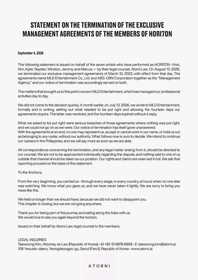HORI7ONnation's tweet photo. Official Announcement of Termination of the Exclusive Management Agreement s of the Membes of HORI7ON.

HORI7ON DESERVES BETTER

#FreeHORI7ON 
#StandWithHORI7ON
#HORI7ON #호라이즌
@HORI7ONofficial https://t.co/1Us14rS3KM