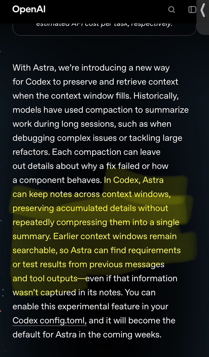 Vtrivedy10's tweet photo. from Astra blog - Codex compaction is already great, never think about it, have multi-week threads

turns out avoiding destructive (unrecoverable) summarization actions + letting a very smart model search over previous context…just works

scaling + improving general search works, bitter lesson is inescapable