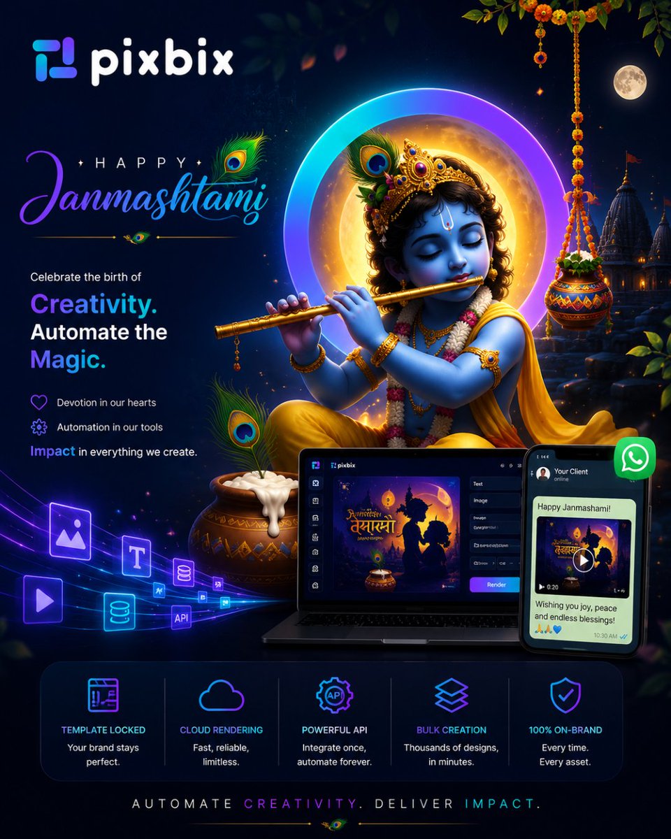 pixbixapp's tweet photo. Krishna ji ka funda simple tha: Smart work > Hard work. 😉

Is Janmashtami, repetitive creative work ko automate karo with pixbix.

🎨 Graphics 🎬 Videos ⚡ Templates ✨ Pixel-perfect output

Create smart. Automate more. Repeat less.

💙 Happy Janmashtami!

#Pixbix #Janmashtami https://t.co/SovKtkdyNC