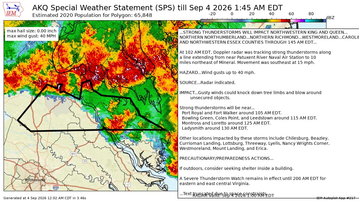 iembot_akq's tweet photo. STRONG THUNDERSTORMS WILL IMPACT NORTHWESTERN KING AND QUEEN [wind: 40 MPH, hail: 0.00 IN] for Caroline, Northumberland, Richmond, Western Essex, Western King and Queen, Westmoreland [VA] till 1:45 AM EDT https://t.co/NXGL4CA1Bj https://t.co/sE7QO24QBK
