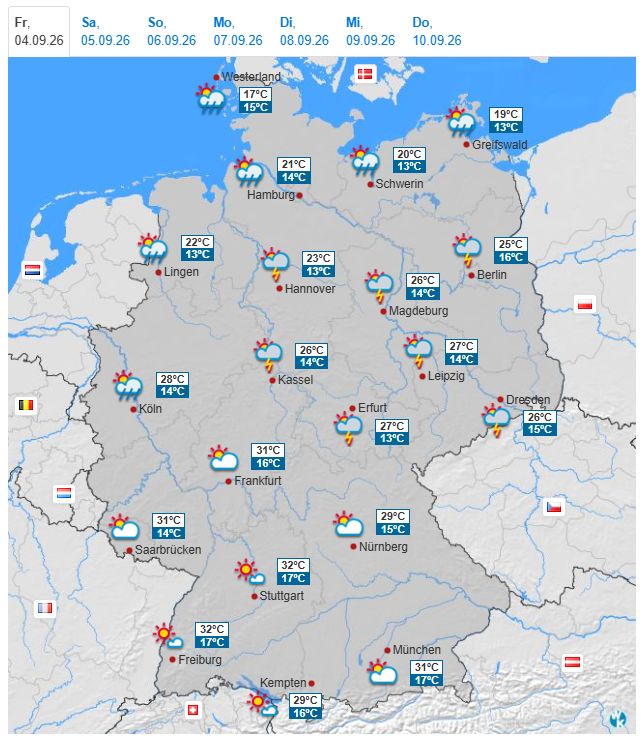 WetterKontor's tweet photo. Heute im Norden gebietsweise kräftiger Regen. In der Mitte am Nachmittag und Abend gebietsweise Schauer + Gewitter. Südlich des Mains viel Sonne. Dort 26 bis 33, sonst 18 bis 27 Grad https://t.co/r98Y1ezxl8
#Wetter #Deutschland #Freitag #Tief #Vilja #Starkregen #Hitze #Gewitter https://t.co/XILtB6OWna