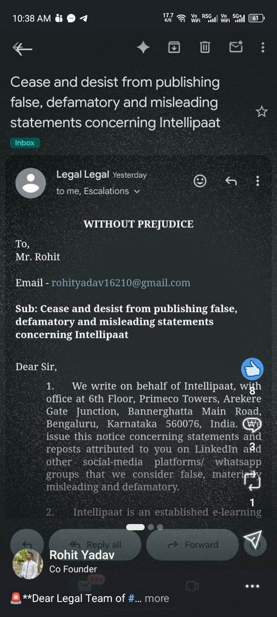 Raaz__Singh's tweet photo. @Intellipaat I’ve seen many people reportedly receiving legal notices from you. But what about those who fulfilled all the requirements, followed your instructions, and still received nothing in return?

Transparency and accountability should apply to everyone. https://t.co/OWUU1Yitwe