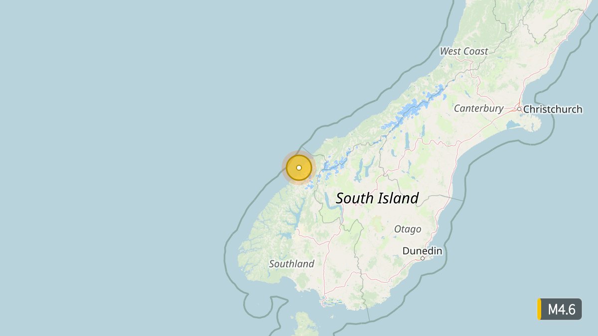 Pacific's tweet photo. Small M4.6 earthquake in the Pacific - 35 km north-east of Milford Sound, depth 24 km. Max intensity MMI 5. Sep 4 17:03 local time (5m ago).
https://t.co/r6XlEo2UkY https://t.co/LispcRmwIe