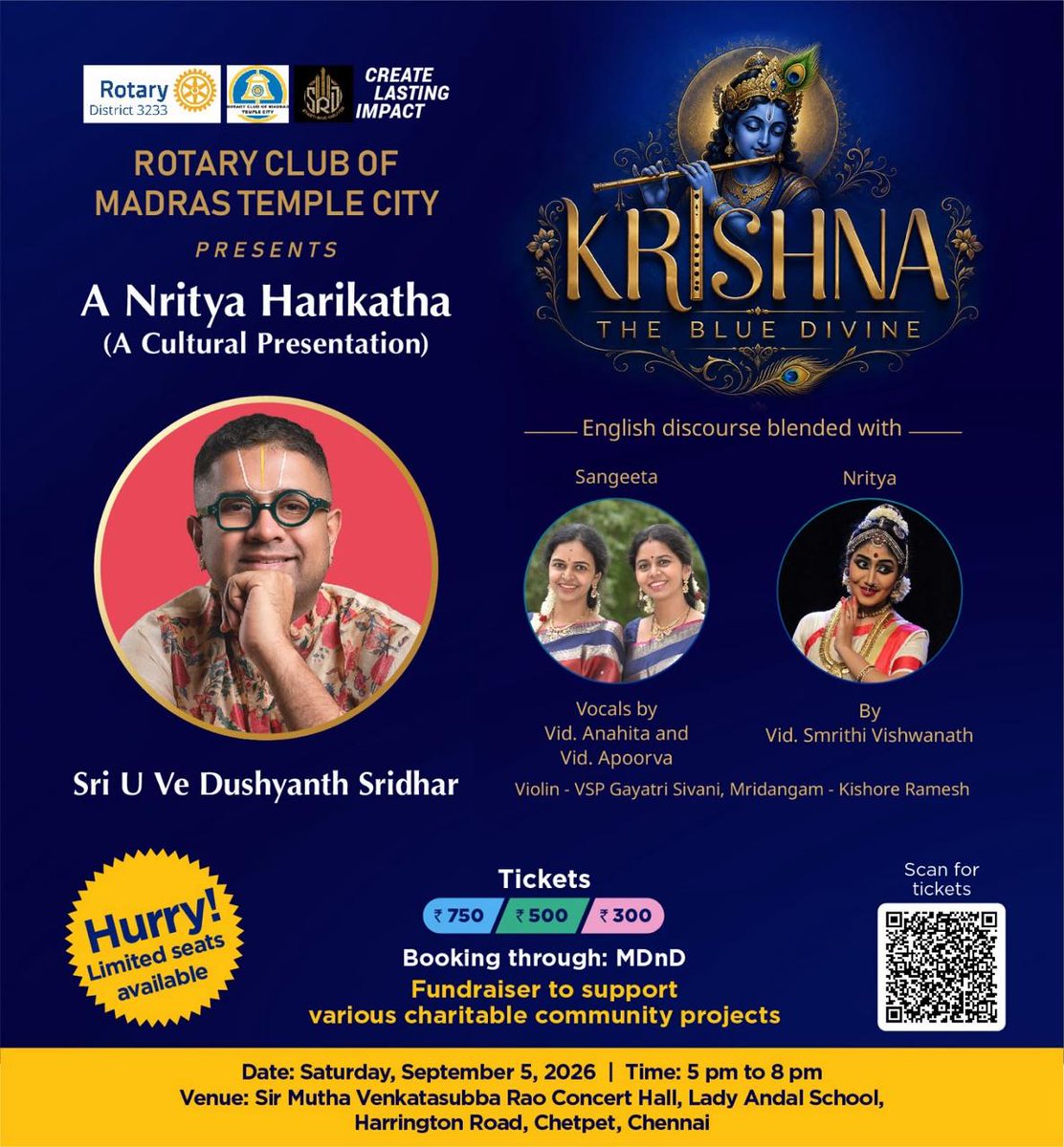 trramesh's tweet photo. Jai Shri Krishna !

  Tmrw - Saturday the 5th September -  at 5 pm at Lady Andal School Harrington Road, CHENNAI

   Shri @dushyanthsridar would present  a Nrithya Harikatha  on Bhagawan Sri Krishna !

   Astikas in Chennai who are keen to experience this great event would also be contributing to the Fundraiser that supports various charitable causes through the modestly priced tickets. 

     The black hued God beckons us to hear His glory !
     Swagatham!