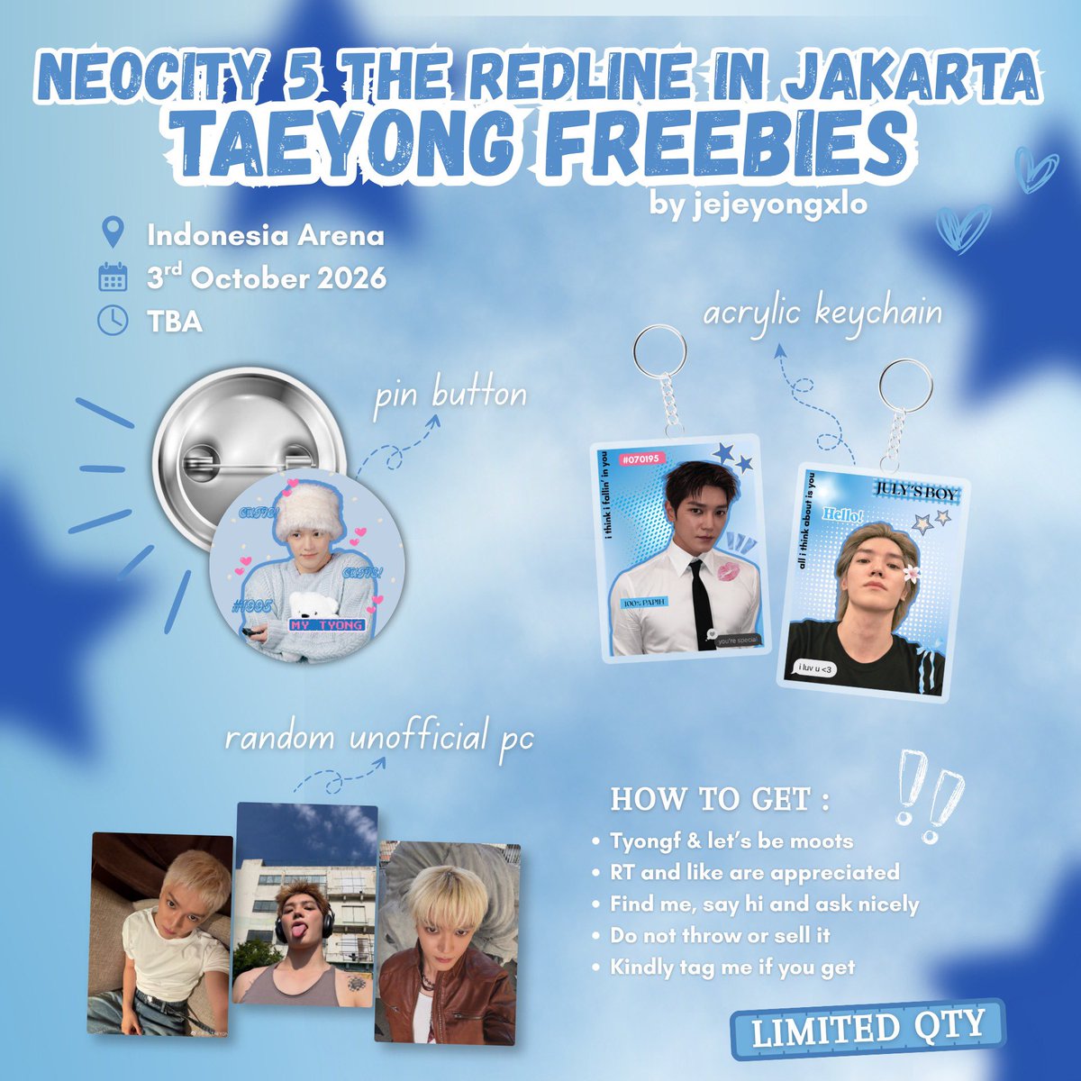 jejeyongxlo's tweet photo. ✮⋆˙ NEOCITY 5 THE REDLINE IN JAKARTA: TAEYONG FREEBIES ✮⋆˙ made by @jejeyongxlo 

📍 Indonesia Arena
📆 3rd October 2026
‼️How to claim? read tnc at poster

Find me, say hi &amp; ask nicely ya 👋🏻
See you at venue 💗

#NCT127    #THE_REDLINE #NCT127_5TH_NEOCITY_THE_REDLINE_JAKARTA https://t.co/1ssgYXLeXi