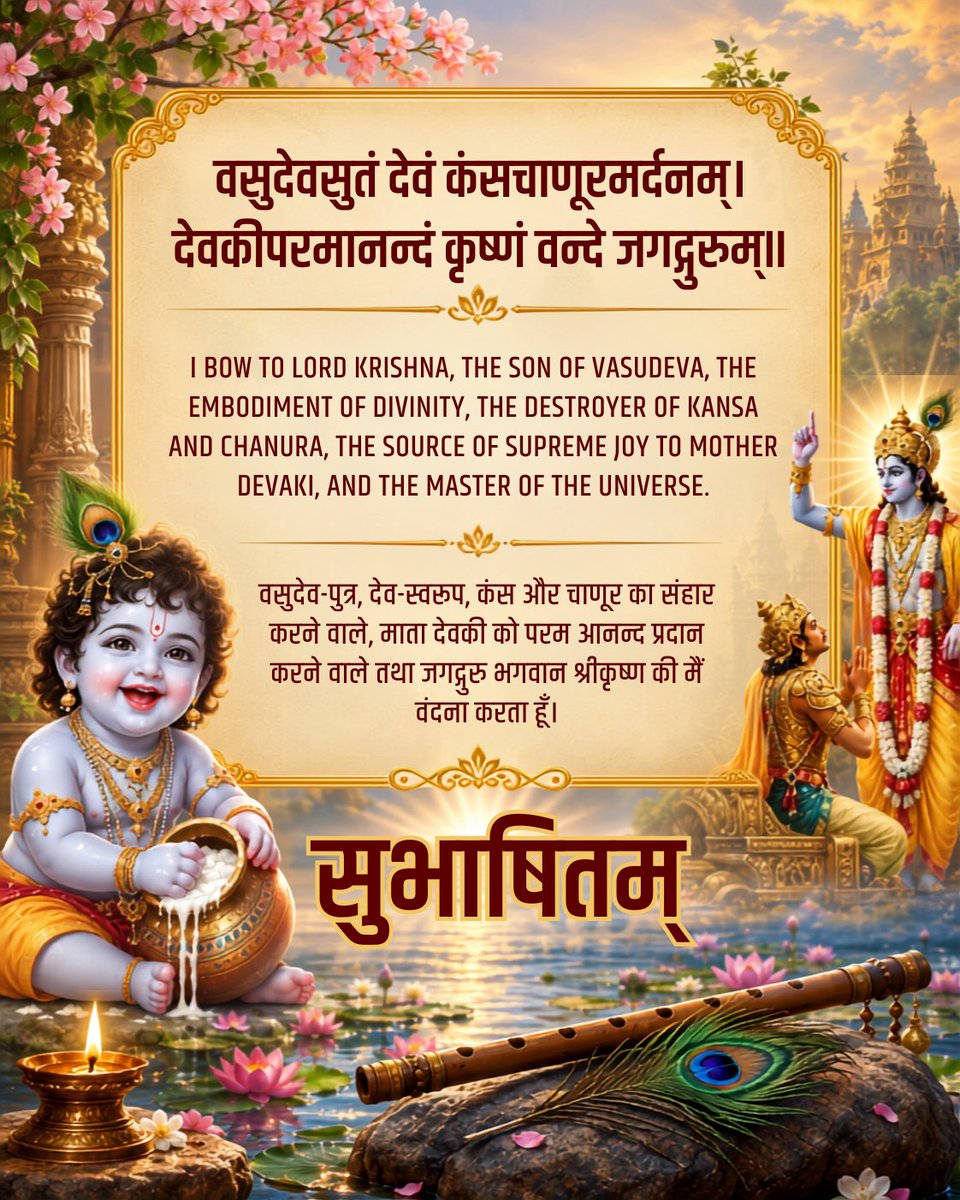 MyGovSanskrit's tweet photo. वसुदेवसुतं देवं कंसचाणूरमर्दनम्।
देवकीपरमानन्दं कृष्णं वन्दे जगद्गुरुम्॥
#MorningMusings
#MorningMotivation
#Subhashitani https://t.co/RckAywpT2X