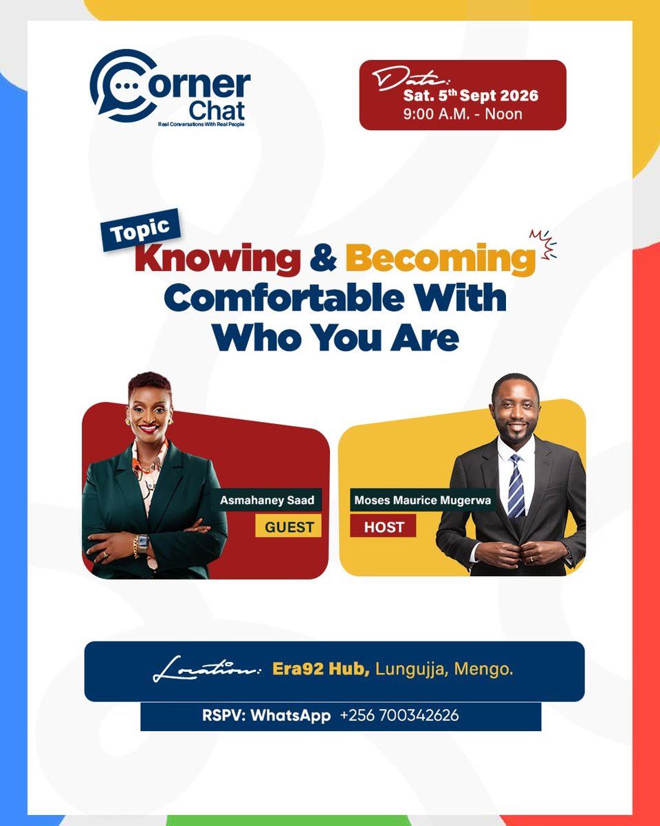 asmahaney12's tweet photo. Corner Chat is back, and this one's personal. ☕️

This Saturday, I'm joining Moses Maurice Mugerwa on Corner Chat for a real conversation on Knowing & Becoming Comfortable With Who You Are.

We spend so much time chasing who we think we should be. This is a conversation about pausing, looking inward, and actually making peace with who you are. Identity, self-acceptance, the messy in-between of figuring yourself out. We're going there, honestly and without the filters.

If you've ever felt like you're performing a version of yourself instead of living as yourself, this conversation is for you.

📅 Sat. 5th September 2026
🕘 9:00 AM – Noon
📍 Era92 Hub, Lungujja, Mengo

Whether you're joining us in person or tuning in from wherever you are, come through, listen in, and be part of the conversation.

🔗 Register: https://t.co/5IcTL7s5VP
RSVP via WhatsApp: +256 700 342 626

Let's talk. 🎙️

#CornerChat #KnowingAndBecoming #IdentityJourney #RealConversations #Kampala