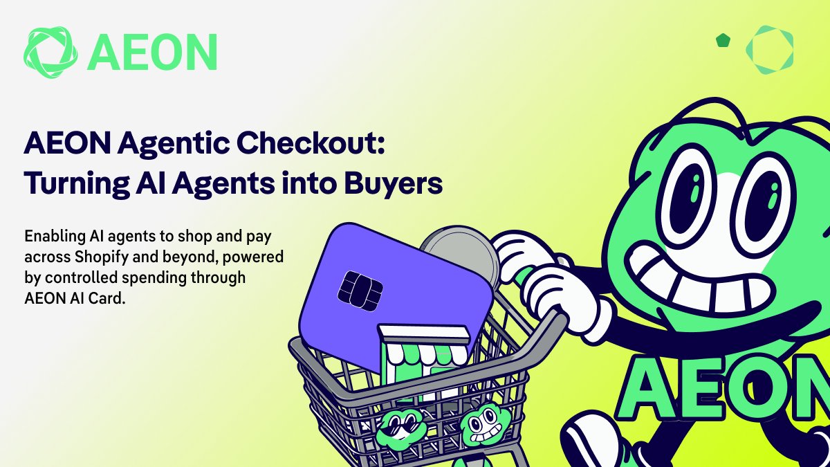 AEON_Community's tweet photo. Introducing AEON Agentic Checkout: it connects agents to Shopify’s 3M+ storefronts and 1B+ products, with AEON AI Card providing controlled spending power at checkout, with one-time agent card and predefined limits.

As Agentic Checkout expands into more checkout scenarios, AEON is building the settlement layer for agents to transact, pay, and settle across the digital and physical economy.