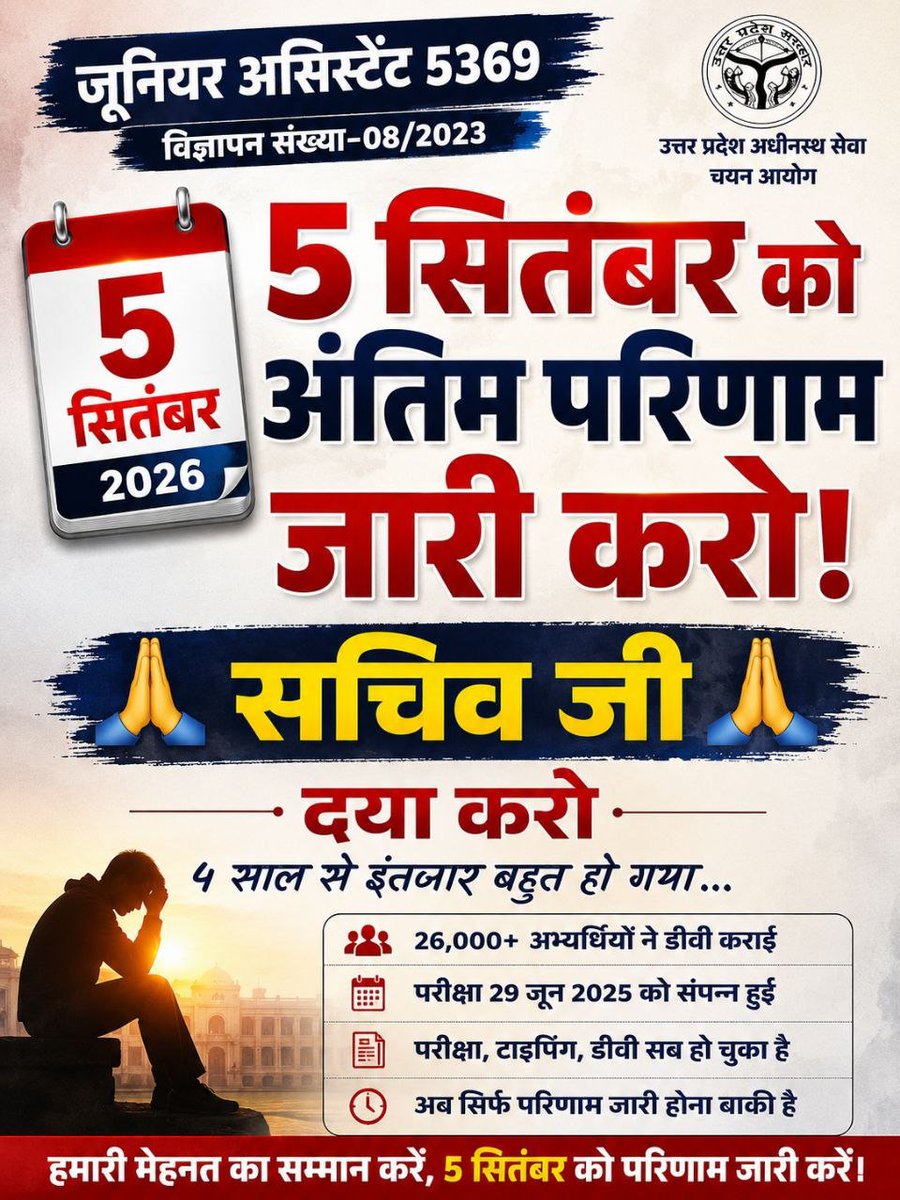 Abhi38076444's tweet photo. UPSSSC से निवेदन है कि जूनियर असिस्टेंट 5512 का रिजल्ट जल्द से जल्द जारी करें और हमें मानसिक प्रताड़ना से मुक्ति दिलाए
@ChiefSecyUP
@UPTakOfficial
@bharatsamachar
@TheLallantop
@DainikBhaskar
@sn_sabat
@IasHarikesh
@the_hindu @CJP_for_India @RajatpandeyJF 
#UPSSSC_JA_5512_RESULT https://t.co/6bITfOJFD9