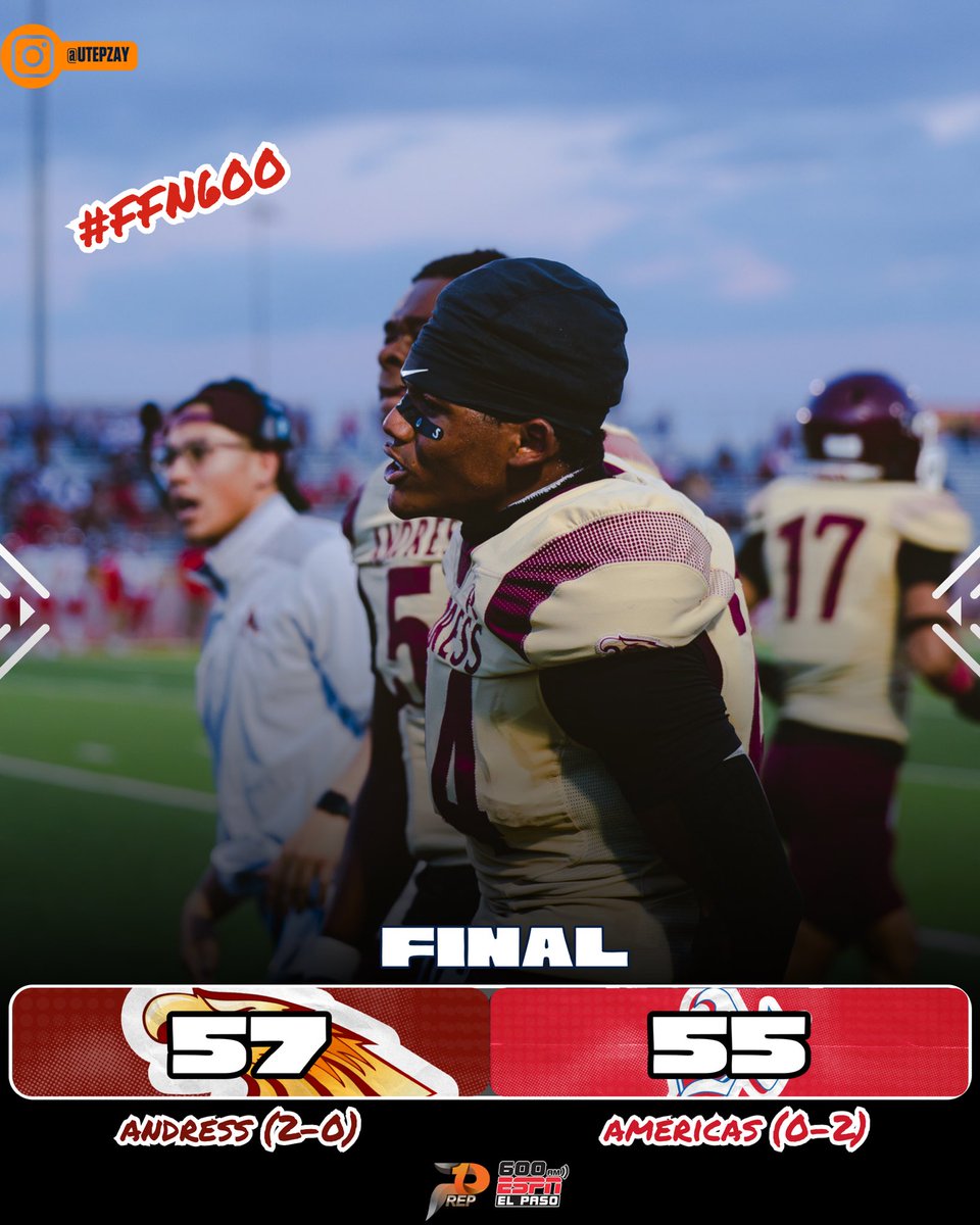 UtepZay's tweet photo. Final from the SAC: Andress uses a second half surge to take down Americas in a late night thriller. Jamari Milton found Elijah Cooper for the go-ahead 35 yard touchdown with under a minute to go. @600espnelpaso #FFN600 #txhsfb https://t.co/nmcwOWZJWO