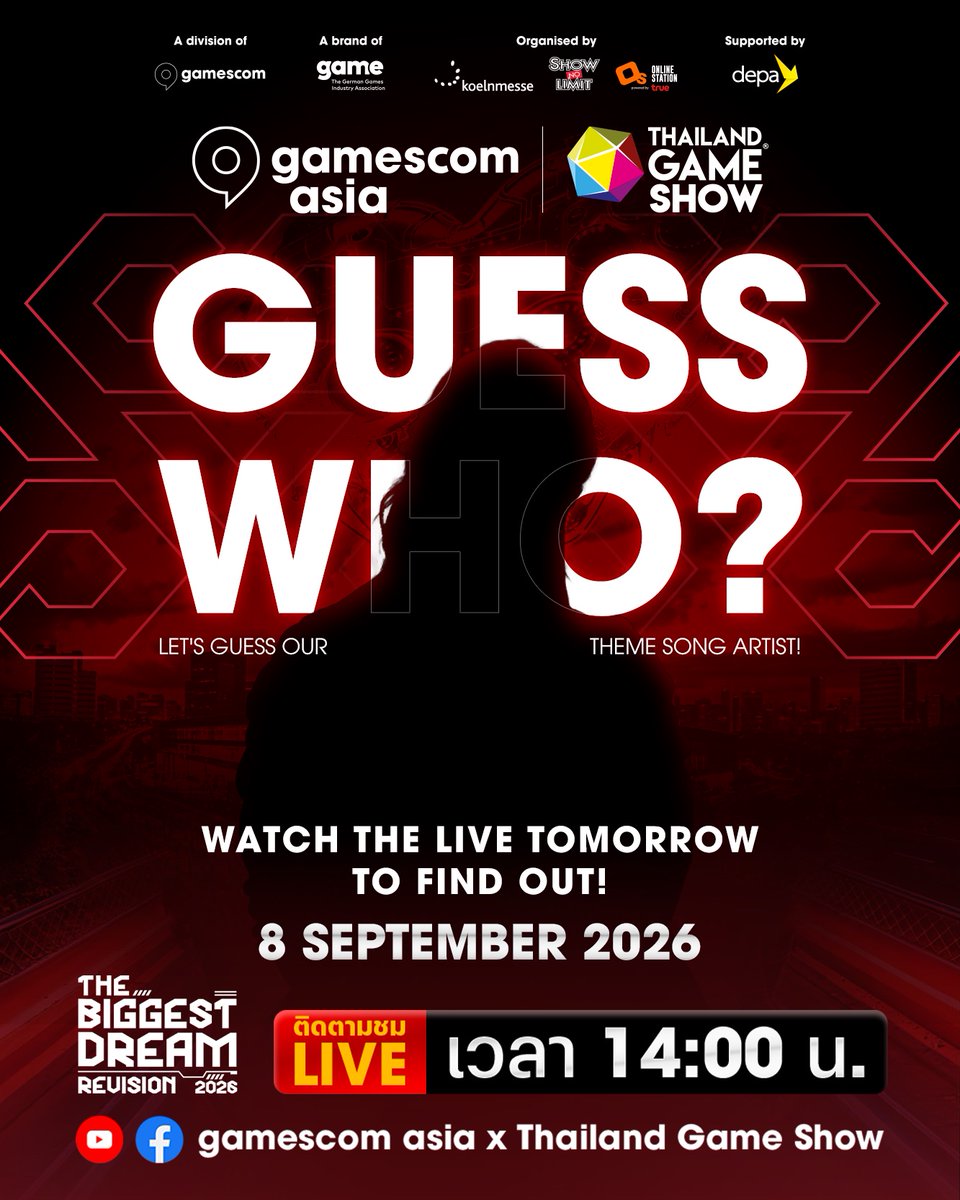 GCAxTGS's tweet photo. GUEST WHO?
ใครกันนะที่จะมาร้องเพลงธีมของเราปีนี้? ….🧡🐱🐈‍⬛

พรุ่งนี้รู้กันใน LIVE! เวลา 14.00 น. เป็นต้นไป ภายในงานยังมีไฮไลต์อื่น ๆ รอเซอไพ��์สอีกเพียบบบบ
📌  ชมสดได้ทาง Facebook และ YouTube : gamescom asia x Thailand Game Show

——————
เตรียมใจมาให้พร้อมแล้วไปสนุกพร้อมกันที่งาน gamescom asia x Thailand Game Show
business area (โซนธุรกิจและนักลงทุน)
📅 29 -30  OCT 2026 Plenary Hall ชั้น 1
🎫 https://t.co/1jRk8hWOZZ

entertainment area (ความบันเทิงและจัดแสดงเกม)
📅 30 OCT - 1 NOV  2026 Exhibition hall 1-4 ชั้น G
🎫 ซื้อบัตร Online ก่อนใคร :   https://t.co/TJUb1hN6pj

📍 ศูนย์การประชุมแห่งชาติสิริกิติ์
#gamescomasiaxThailandGameShow #ThailandGameShow2026 #TGS2026
#GCAxTGS #gamescomasia #ThailandGameShow #TheHeartofGaming #TheBiggestDreamRevision2026