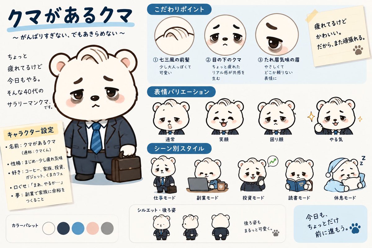 SmartLife_note's tweet photo. 今のアイコン、ちょっと変えようか悩んでます。
営業マンの男の子も気に入ってるんですが、
もう少し覚えてもらいやすいキャラにしたい。
そこで考えたのが、
「目にクマがある、営業マンのクマ」🐻‍❄️
ちょっと疲れてる。でも今日も働く
こんなキャラどう？
今のままの方がいいかな？
#キャラクター https://t.co/m2WcKRDMba