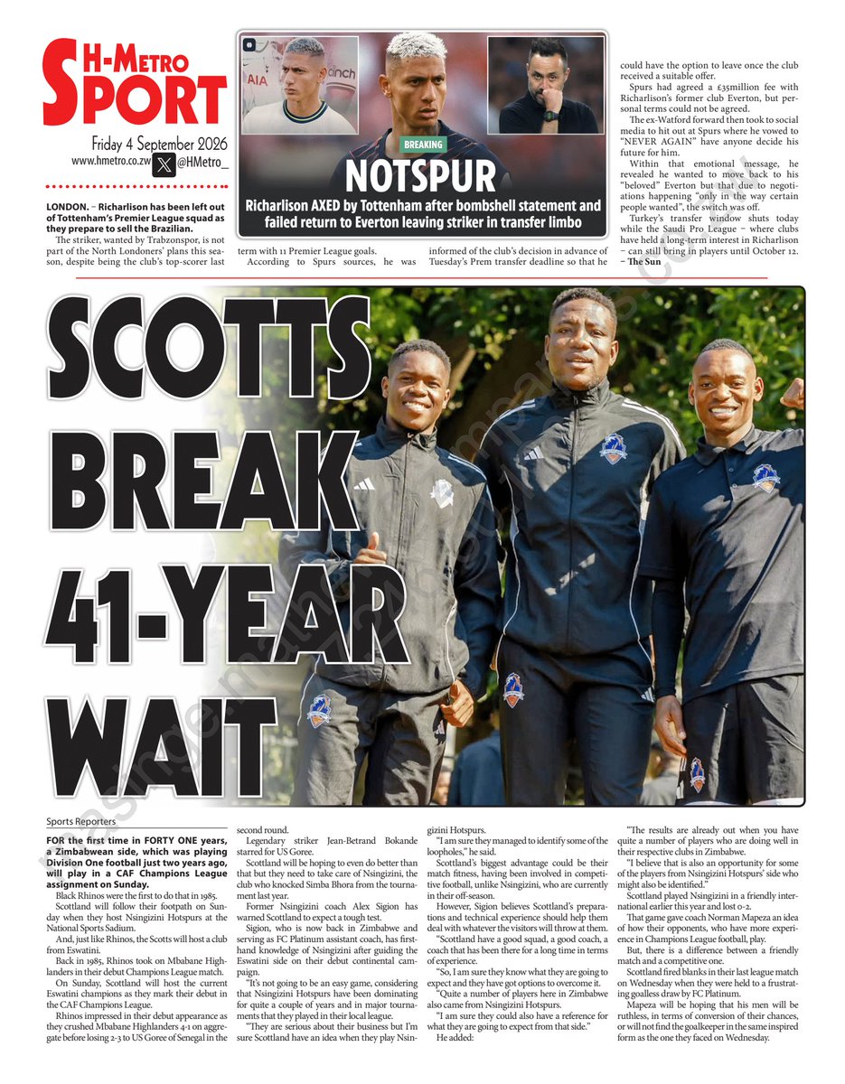 HMetro_'s tweet photo. #BACKPAGE 

FOR the first time in FORTY ONE years, a Zimbabwean side, which was playing Division One football just two years ago, will play in a CAF Champions League assignment on Sunday.

Black Rhinos were the first to do that in 1985.

https://t.co/pnYSylJJ5S https://t.co/LLHfpwijBQ