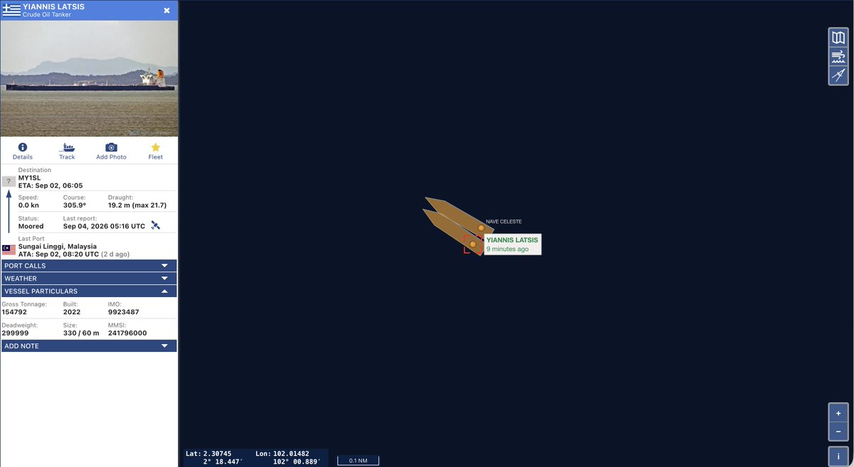 hwtnv's tweet photo. マラッカ沖に停泊中のVLCC「NAVE CELESTE」が，行き先を「千葉」に設定しました。

UAEのフジャイラから原油を運んだ「YIANNIS LATSIS」と近接しており，STSを行なっているとみられます。

フジャイラ → マラッカ沖STS → 日本，のエネルギー調達が継続しています。 https://t.co/v6YHn2r6ze