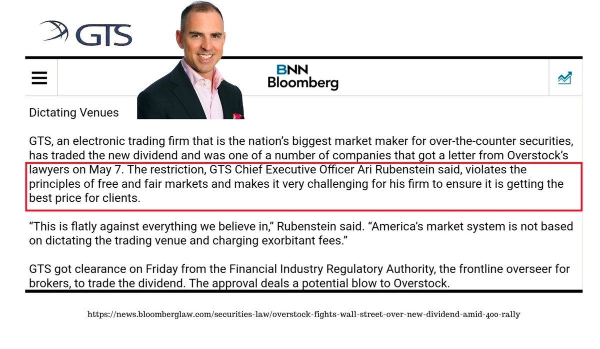 RareDealsHere's tweet photo. Hey @Beardvet, I heard you ask if there's a Market Maker that has been involved with trading a dividend against the issuer's wishes similar to MMTLP.

There is! 

GTS Securities traded the Overstock dividend on the OTC when it was only supposed to trade on the T-Zero platform. 

Overstock lawyered up and complained to FINRA but FINRA allowed GTS to continue. 

Not long after this, GTS Securities can be linked to the earliest trading activity in MMTLP, and just like in the Overstock case, FINRA ignored the complaints of the issuer and allowed GTS to continue trading MMTLP on the OTC.

GTS continued to Make a Market in MMTLP until 12/8/22, the final day that MMTLP traded. 

Ari Rubenstein, the CEO of GTS Securities was also a member of FINRA's Market Surveillance Advisory Group. He allegedly shared his firms technology to help root out manipulation on behalf of other high frequency trading firms but at the same time GTS and Rubenstein were being investigated by the NYSE & NYSE ARCA for manipulation that resulted in a $10M fine in 2023, and 18 months of third-party supervision. @FBI @TheJusticeDept