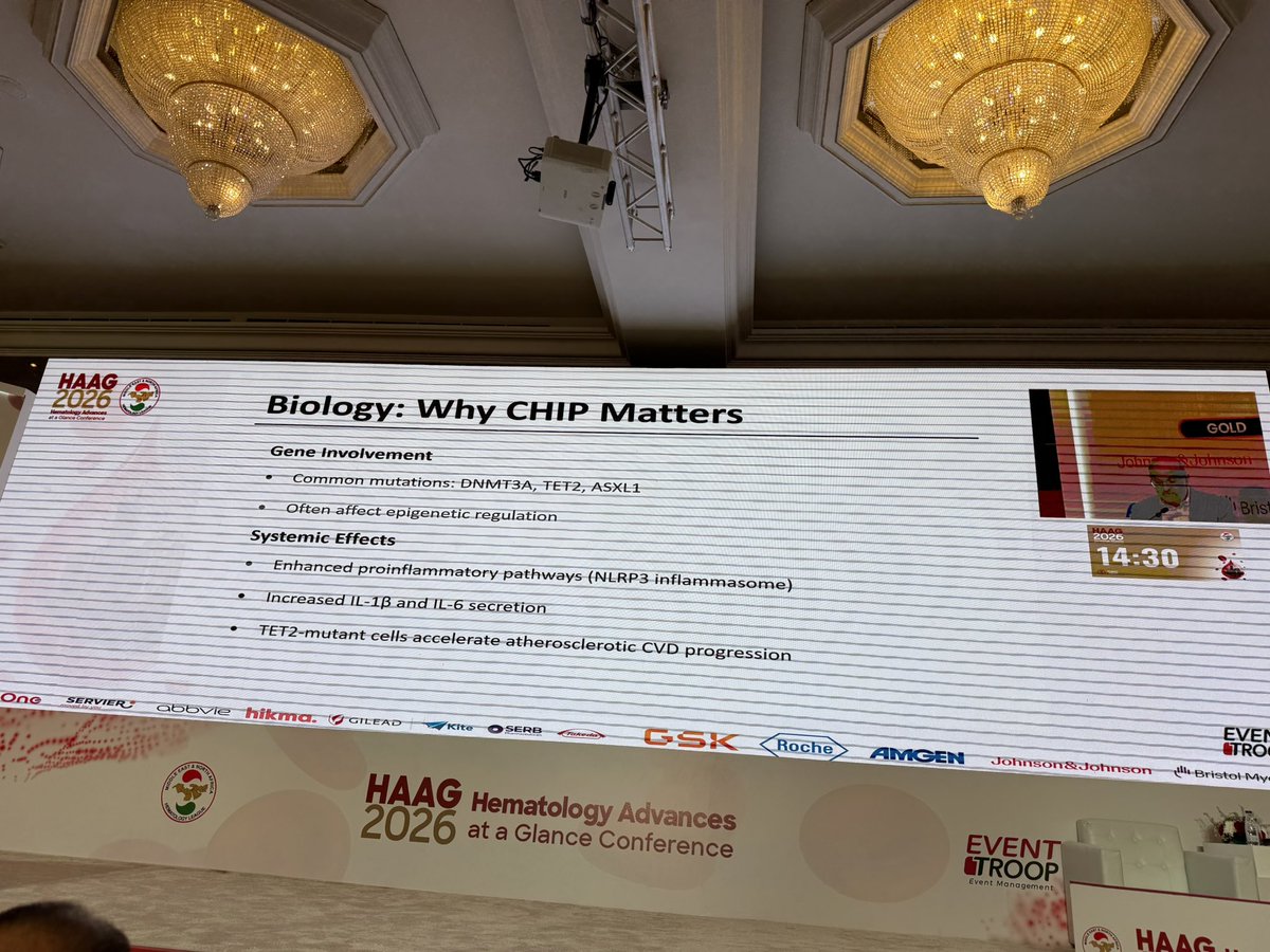 abouabdrahman0's tweet photo. 🧬 CHIP, ICUS, CCUS and CCMUS—know the difference!

Excellent overview by Dr Ahmed Osman, KFSHRC Riyadh at #HAAG2026 🇸🇦🩸

🔹 CHIP: myeloid-driver mutation, typically VAF ≥2%, without unexplained cytopenia or overt myeloid neoplasm
🔹 ICUS: persistent unexplained cytopenia without significant dysplasia or detectable clonality
🔹 CCUS: unexplained cytopenia + myeloid somatic mutation, but insufficient criteria for MDS
🔹 CCMUS: cytopenia + monocytosis + clonal mutation, without fulfilling criteria for CMML

Why does clonal hematopoiesis matter? ⚠️

🧬 Common genes: DNMT3A, TET2 and ASXL1
🔥 Mutant clones may enhance NLRP3 inflammasome signaling and IL-1β/IL-6 production
❤️ TET2-mutant hematopoiesis has been linked to accelerated atherosclerosis and cardiovascular disease
📈 Clone size, mutation type, number of mutations and blood-count abnormalities help determine progression risk

👉 CHIP is not leukemia—but it is not always biologically silent.

📚 Review of CHIP, ICUS and CCUS⁠ | TET2 clonal hematopoiesis and cardiovascular disease⁠

#CHIP #CCUS #ICUS #CMML #ClonalHematopoiesis #Hematology