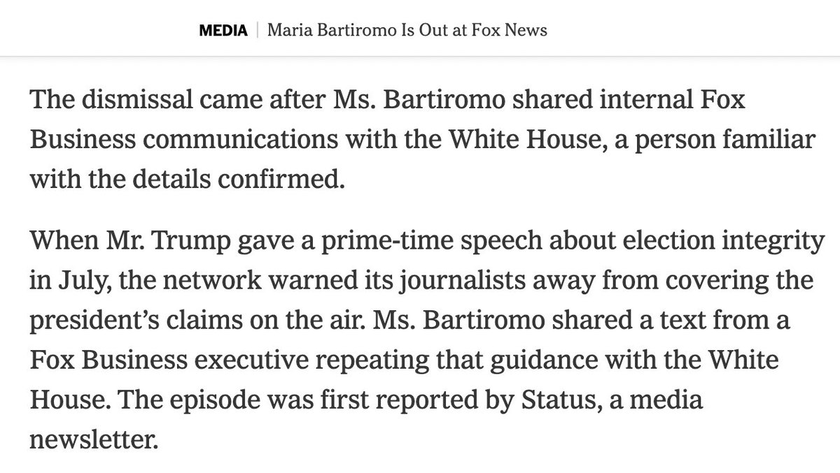 mtracey's tweet photo. Maria Bartiromo suddenly fired by FOX because she was TOO SYCOPHANTIC to Trump is almost too much to even process https://t.co/JlZY7vsCYp