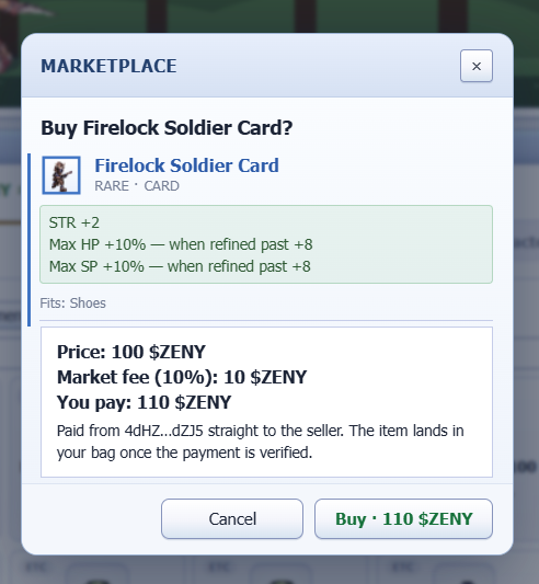 JacSappx's tweet photo. spotted this Firelock Soldier Card on the @IdleROGame marketplace! The STR +2 and HP/SP refinement bonuses look pretty useful for a shoe build. Definitely keeping an eye on deals like this as I upgrade my gear. https://t.co/CJ2Cb82raS