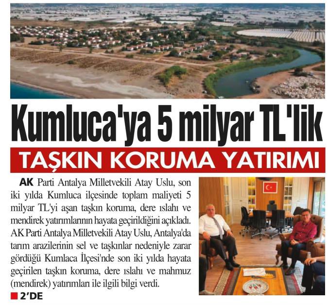 atayuslu's tweet photo. KUMLUCA İLÇEMİZDE TAŞKIN RİSKİNE KARŞI 5 MİLYAR TL’Yİ AŞAN YATIRIM

Kumluca’mızın geçmişten bugüne en önemli sorunlarından biri olan taşkın riskini azaltmak; yerleşim alanlarımızı, tarım arazilerimizi ve üreticilerimizin emeğini korumak amacıyla ilçemizin birçok noktasında kapsamlı yatırımları hayata geçirdik.

Son iki yılda Kumluca’mızda 5 milyar TL’yi aşan taşkın koruma, dere ıslahı, mahmuz ve ulaşım yapıları yatırımı gerçekleştirdik.

Bu kapsamda;
• Akmaz Deresi Islahı
• Üleşik Deresi Islahı
• Salur Mahallesi Boğaz ve Hendek Dereleri Islahı
• Gavur Deresi Islahı
• Yapraklı Deresi Islahı
• Göksu Deresi Islahı
• Baysi Deresi Islahı
• Karaöz Deresi Islahı
• Kemer Kuru Dere Islahı
• Olimpos Turizm Deresi Islahı
• Karaçay Deresi Islahı
çalışmalarını gerçekleştirdik.

Dere ıslahlarının yanı sıra;
• Yapraklı Mahmuzu
• Gavur Mahmuzu
• Göksu Mahmuzu
• Akmaz Mahmuzu (mendirek)
• Hacıveliler Mahallesi Menfezi
• Toptaş 1 ve Toptaş 2 Köprüleri
de tamamladığımız önemli yatırımlar arasında yer aldı.

Bu önemli yatırımların Kumluca’mıza kazandırılmasında güçlü destekleri ve himayeleri için Cumhurbaşkanımız Sayın Recep Tayyip Erdoğan’a, destekleri ve yakın takipleri için Tarım ve Orman Bakanımız Sayın İbrahim Yumaklı’ya şükranlarımızı sunuyoruz.

Projelerin planlanmasından tamamlanmasına kadar büyük bir gayret ortaya koyan DSİ Genel Müdürlüğümüze, DSİ Antalya Bölge Müdürlüğümüze ve gece gündüz demeden sahada emek veren tüm çalışanlarımıza teşekkür ediyoruz.

Kumluca’mızın toprağını, üretimini ve geleceğini korumak için çalışmalara devam ediyoruz…
#AntalyayıSeviyoruz

@RTErdogan 
 @ibrahimyumakli 
@dsi_13_blgmd 
@dsigovtr