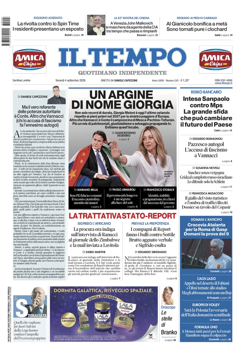 tempoweb's tweet photo. 📍 Un argine di nome Giorgia #Meloni
📍 #Intesa Sanpaolo contro #Mps: la grande sfida che può cambiare il futuro del Paese
📍 La trattativa Stato-#Report
🔽 La prima pagina 📰 Siamo in edicola📣🗞
#4settembre #buongiornoatutti ⏰☕️ https://t.co/NePsDLohOD