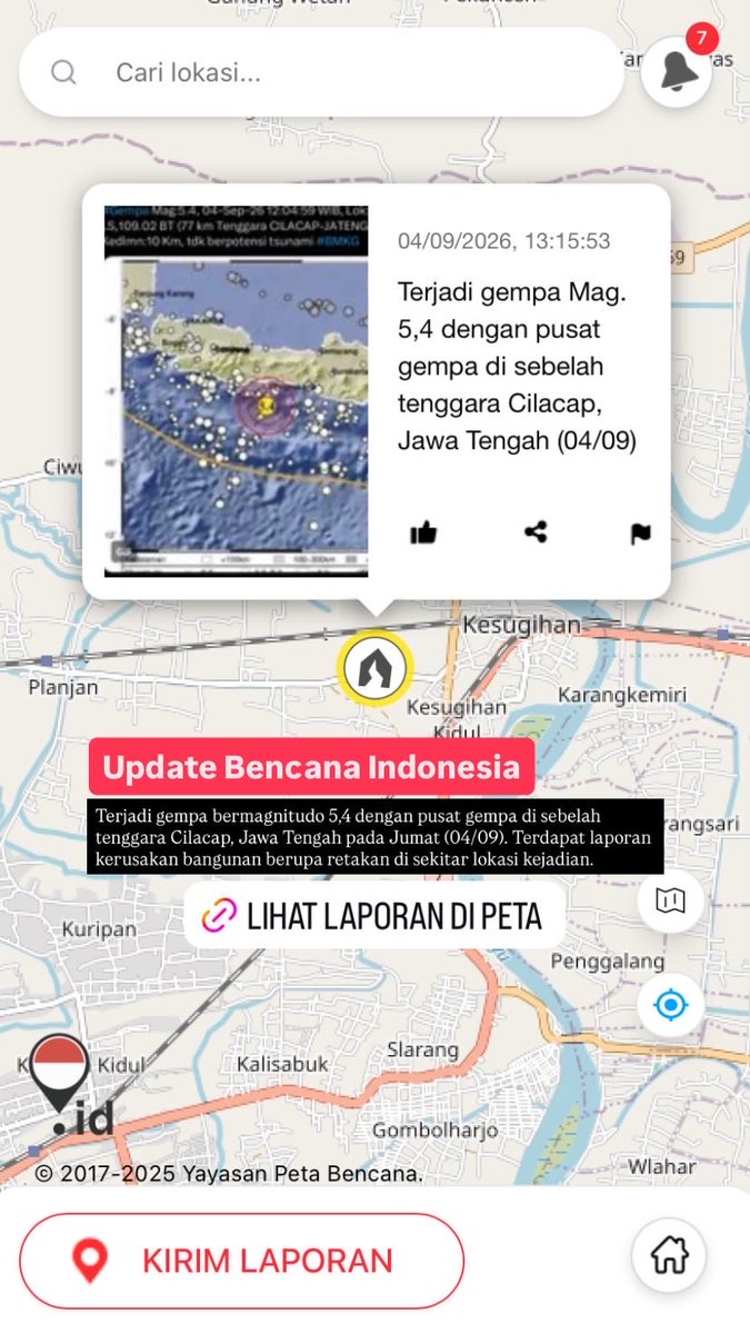 petabencana's tweet photo. Update Bencana Indonesia🚨

Terjadi gempa bermagnitudo 5,4 dengan pusat gempa di sebelah tenggara Cilacap, Jawa Tengah pada Jumat (04/09). Terdapat laporan kerusakan bangunan berupa retakan di sekitar lokasi kejadian.

🔗 https://t.co/b07wxVqItl https://t.co/iXsTyKkiOB