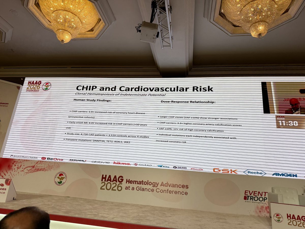 abouabdrahman0's tweet photo. ❤️🧬 CHIP is not only a hematology issue—it is a cardiovascular risk factor.

Key data presented by Dr Ahmed Osman, KFSHRC Riyadh at #HAAG2026 🇸🇦

Across four human studies including 4,726 patients with coronary disease and 3,529 controls:

📈 CHIP was associated with a 1.9-fold higher risk of coronary heart disease
🚨 In individuals aged <50 years, CHIP was associated with a 4-fold higher risk of early myocardial infarction
🫀 CHIP carriers had substantially greater coronary-artery calcification
📊 Larger clones—particularly VAF ≥10%—showed stronger cardiovascular associations
🧬 DNMT3A, TET2, ASXL1 and JAK2 mutations were each independently associated with increased coronary risk

👉 The message: clone size matters, mutation identity matters—and CHIP should prompt careful attention to modifiable cardiovascular risk factors.

⚠️ CHIP increases risk; it does not guarantee a cardiovascular event.

📚 Jaiswal et al., NEJM

#CHIP #CardioOncology #Atherosclerosis #ClonalHematopoiesis #Hematology