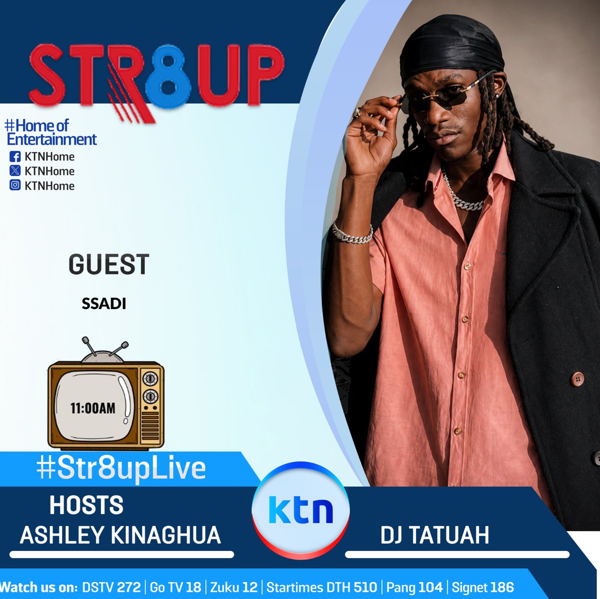 ktnhome_'s tweet photo. If it's a Saraday, its time for #Str8upLive & the tag team will be up place for #Str8upLiveπ―π₯ππ€
@ashleykinaghua, @djtatuah @ksankenya @_trickstar_visuals
And that's not all! Our line up is super-lit: @mwanaa_ @hoodboyz @ssadi_ssadi @kalesto_muziq_ke
#DanceToTheBeat #LiveShow #music
Producer @wainainagram