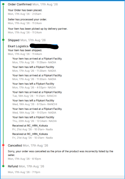 9TO12CRAFT1's tweet photo. Disgusting! More than a week with NO RESOLUTION. @Flipkart confirms an order, ships it to the final hub, cancels it, and completely ghosts the customer. See you in Consumer Court for this fraud! @flipkartsupport @_Kalyan_K @consaff @jagograhakjago https://t.co/RLdbiABjuX