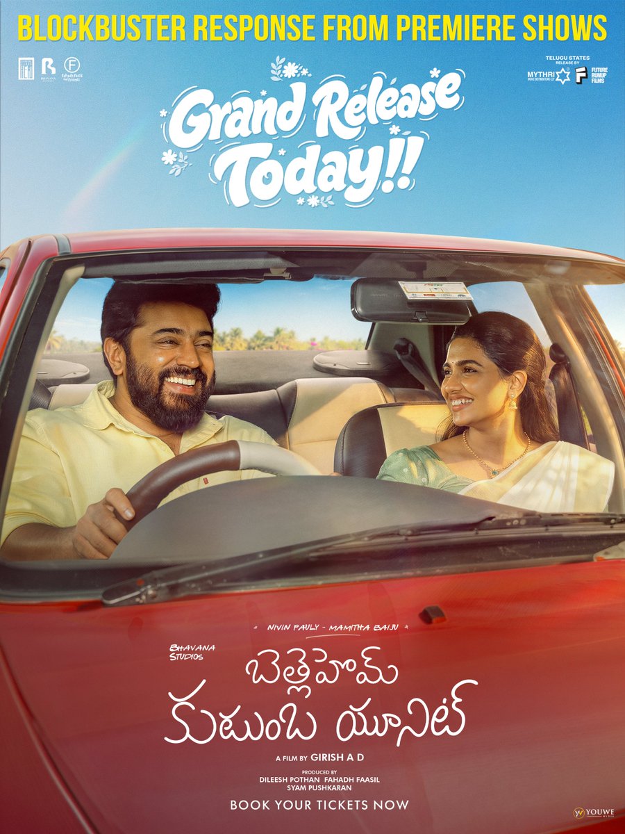 MediaYouwe's tweet photo. With a BLOCKBUSTER response from the Premieres, #BKUTelugu arrives in cinemas TODAY across the Telugu States! ❤️‍🔥

The fun, laughter and emotions of #BethlehemKudumbaUnit are here to light up the big screen ❤️❤️

Book Your Tickets Now 🎟️
https://t.co/Tz0P3RL4yQ

Telugu States Release by @MythriRelease ✨

@NivinOfficial @_mamithabaiju @BhavanaStudios @FutureRunup @MediaYouwe